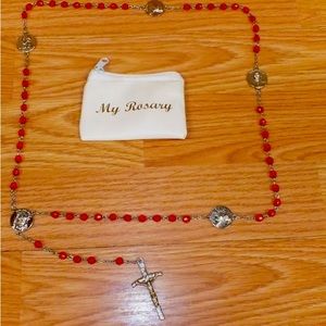 Pope John Paul II Commemorative  Cranberry & Silver Tone Rosary w/ Pouch